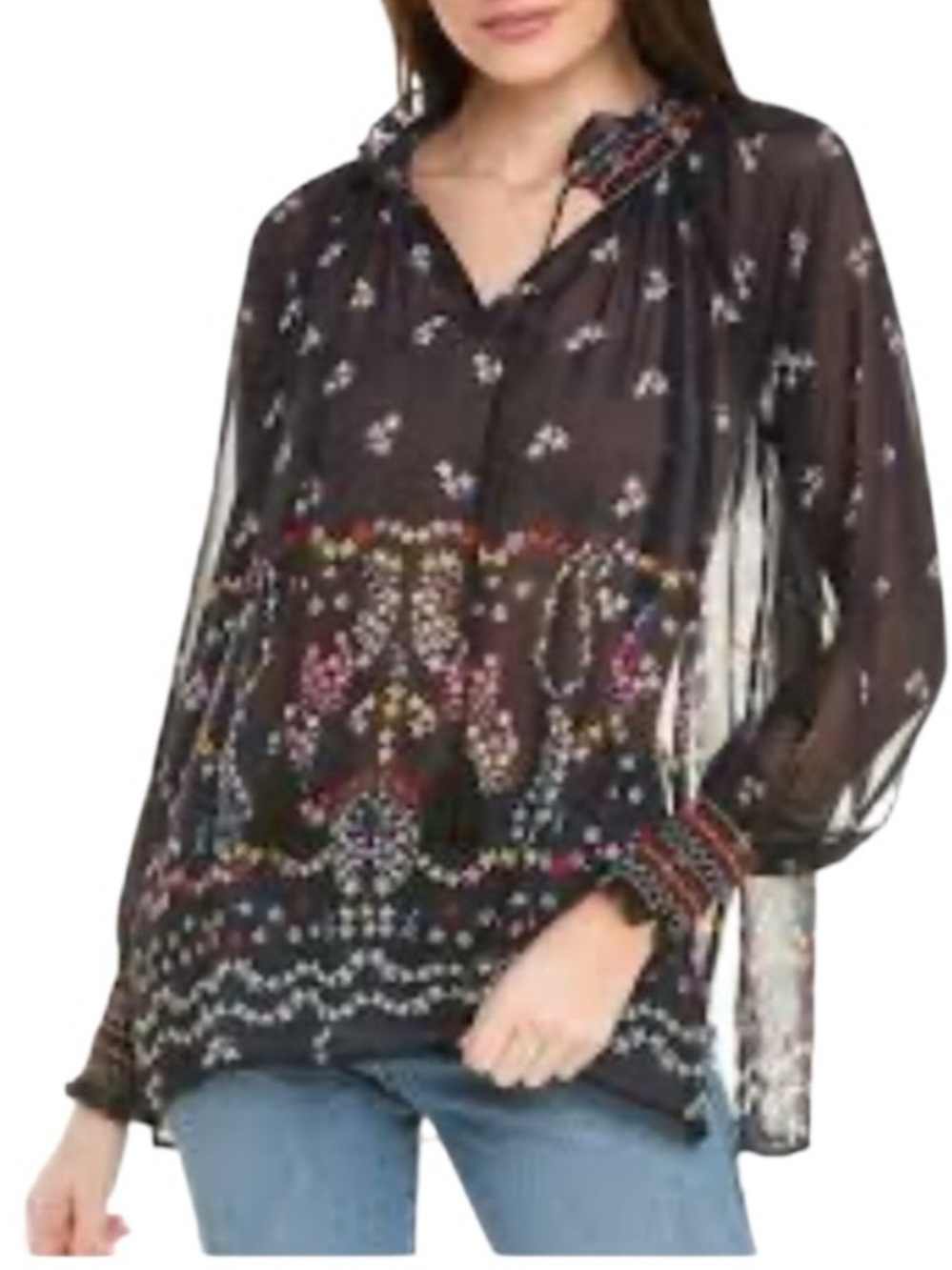 CAbi “Enjoy” Navy Sheer Floral-Print Long Sleeve Blouse (P)